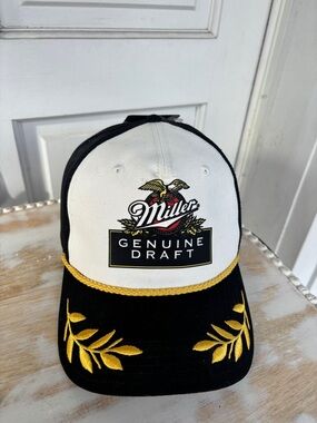 Miller Genuine Draft Trucker Hat Snapback Rope Cap Black White Gold NWT